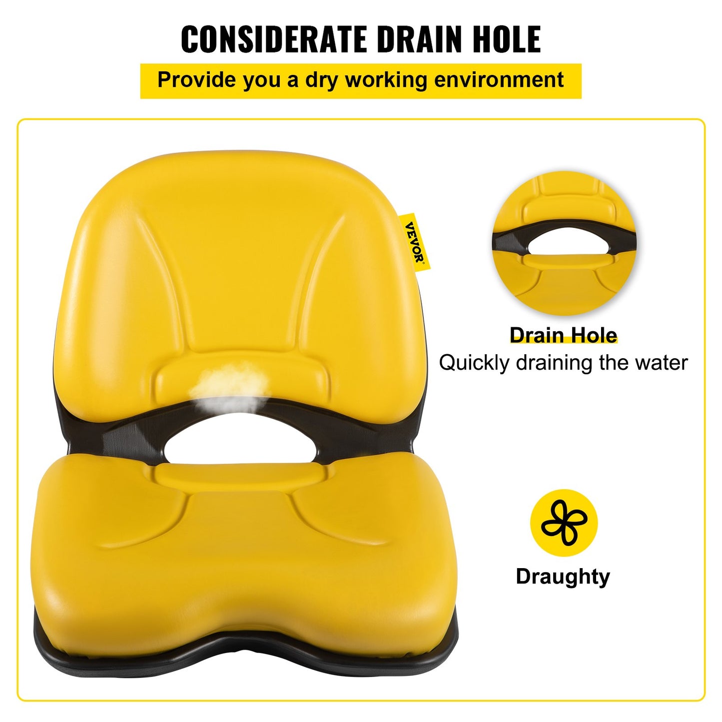 Universal Tractor Seat, Industrial High Back, Waterproof PVC Lawn and Garden Mower Seat Replacement, Steel Frame Forklift Seat with Drain Hole, Compatible with Excavator, Mower, Forklift, Yellow