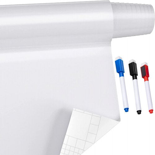 White Board Paper, 8x4 ft Dry Erase Whiteboard Paper w/ Adhesive Backing, Removable Peel and Stick PET Surface, No Ghost for Kids Home and Office, 3 Markers, 4 Push Pin Magnets & Eraser