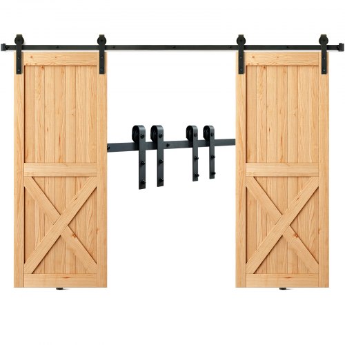 8FT Sliding Barn Door Hardware Kit, 330LBS Heavy Duty Barn Door Track Kit for Double Doors, Fit 3.7-4.3FT Total Wide and 1.3"-1.8" Thick 2 Door Panel, with Smooth & Silent Pulley (J Shape)