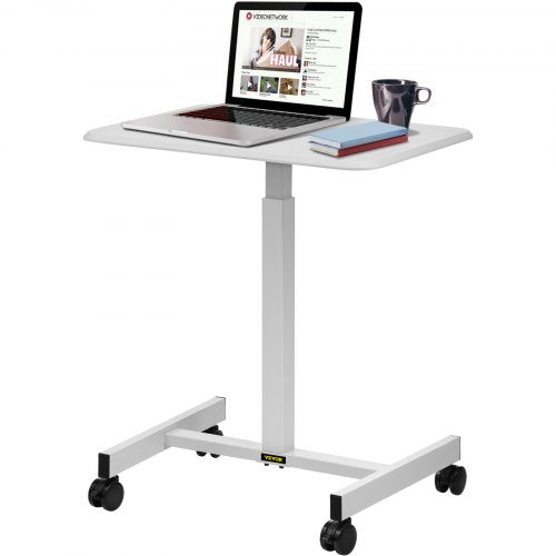 Mobile Laptop Desk, 76 cm to 110 cm, Height Adjustable Rolling Laptop Desk w/ Gas Spring Riser, Swivel Casters and Hook, Home Office Computer Table for Standing or Sitting, White