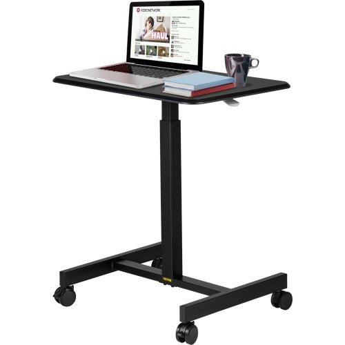 Mobile Laptop Desk, 76 cm to 110 cm, Height Adjustable Rolling Laptop Desk w/ Gas Spring Riser, Swivel Casters and Hook, Home Office Computer Table for Standing or Sitting, Black