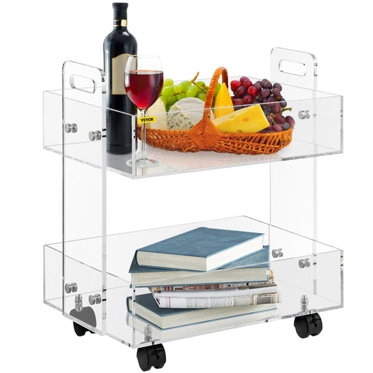 Acrylic Cart, 2 Tier, 0.3 in Thickened Board, Holds Up to 66 lbs, Acrylic Side Table with Lockable Swivel Wheels, for Office School Home, 13.4" x 15.7" x 19"