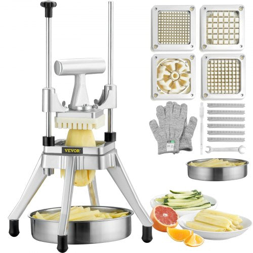 Commercial Vegetable Fruit Chopper, Stainless Steel French Fry Cutter with 4 Blades 1/4" 3/8" 1/2", 6-wedge Slicer, Chopper Dicer with Tray, Heavy Duty Cutter for Potato Tomato Onion Mushroom