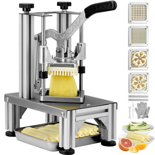 Commercial French Fry Cutter with 4 Replacement Blades, 1/4″ & 3/8″ Blade Easy Dicer Chopper, 6-wedge Slicer & 6-wedge Apple Corer, Lemon Potato Cutter for French Fries with Tray and Handle