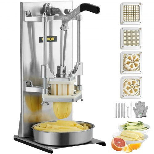 Commercial French Fry Cutter with 4 Replacement Blades, 1/4″ and 3/8″ Blade Easy Dicer Chopper, 6-wedge Slicer and 6-wedge Apple Corer, Lemon Potato Cutter for French Fries with Extended Handle