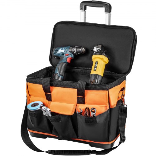Rolling Tool Bag, 20-inch 17 Pockets Bag with Two 2.56in Wheels, Oxford Fabric Material with Telescoping Handle, 198lb Load Capacity for Garden Electrician Tool Organization