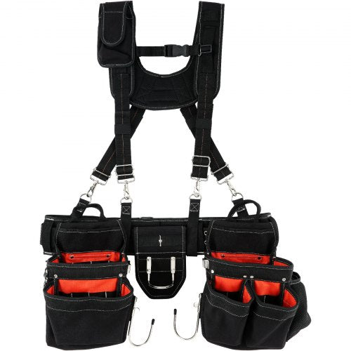 Tool Belt with Suspenders, 34 Pockets, 29-54 inches Adjustable Waist Size, Tool Belts for Men, 1250D Nylon Heavy Duty Carpenter Tool Pouch for Carpenters, Electricians, and Gardening, Black