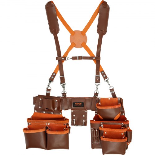 Tool Belt with Suspenders, 19 Pockets, 29-54 inches Adjustable Waist Size, Tool Belts for Men, Genuine Leather Heavy Duty Carpenter Tool Pouch for Carpenters, Electricians, and Gardening, Brown
