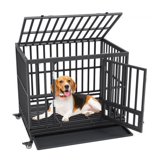 42 Inch Heavy Duty Dog Crate, Indestructible Dog Crate, 3-Door Heavy Duty Dog Kennel for Medium to Large Dogs with Lockable Wheels and Removable Tray, High Anxiety Dog Crate for Indoor & Outdoor