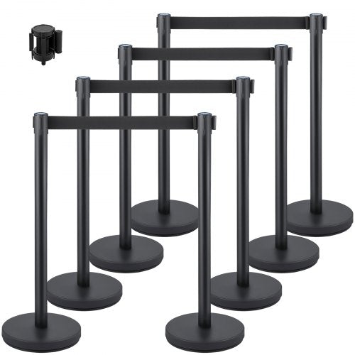 Crowd Control Stanchion, 8 Pieces Stanchion Set, with 6.6 ft/2 m Black Retractable Belt, Black Crowd Control Barrier w/Concrete and Metal Base, Easy Connect Assembly
