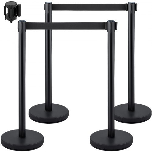 Crowd Control Stanchion, Set of 4 Pieces Stanchion Set, Stanchion Set with 6.6 ft/2 m Black Retractable Belt, Black Crowd Control Barrier w/ Concrete and Metal Base – Easy Connect Assembly