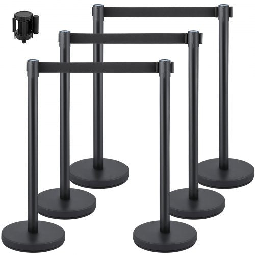 Crowd Control Stanchion, Set of 6 Pieces Stanchion Set, Stanchion Set with 6.6 ft/2 m Black Retractable Belt, Black Crowd Control Barrier w/ Concrete and Metal Base – Easy Connect Assembly