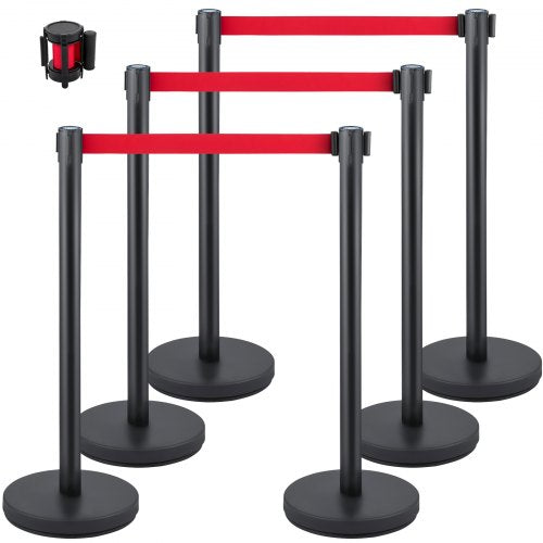 Crowd Control Stanchion, Set of 6 Pieces Stanchion Set, Stanchion Set w/ 6.6 ft/2 m Red Retractable Belt, Black Crowd Control Barrier w/ Rubber Base – Easy Connect Assembly for Crowd Control