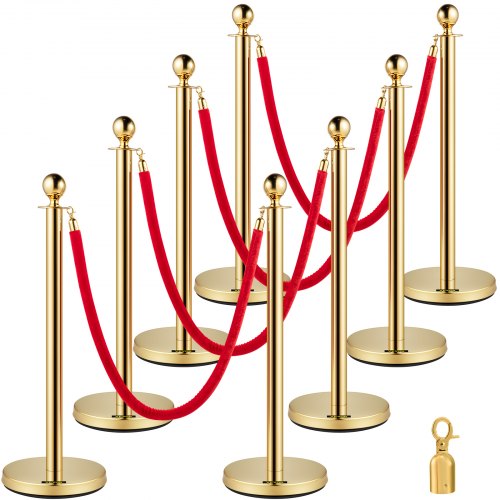 Crowd Control Stanchion, Set of 8 Pieces Stanchion Set, Stanchion Set with 5 ft/1.5 m Red Velvet Rope, Gold Crowd Control Barrier w/ Sturdy Concrete and Metal Base – Easy Connect Assembly