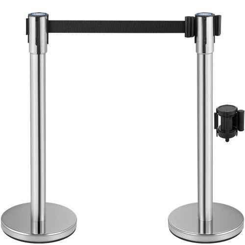 Crowd Control Stanchion, Set of 2 Pieces Stanchion Set, Stanchion Set with 6.6 ft/2 m Black Retractable Belt, Silver Crowd Control Barrier w/ Concrete and Metal Base – Easy Connect Assembly