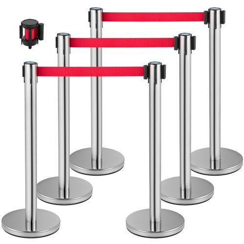Crowd Control Stanchion, Set of 6 Pieces Stanchion Set, Stanchion Set w/ 6.6ft/2m Red Retractable Belt, Silver Crowd Control Barrier w/ Sturdy Rubber Base–Easy Connect Assembly for Crowd Control