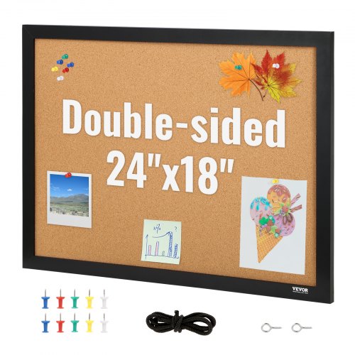 Cork Board, 24 x 18 inches, Double-sided Bulletin Board with MDF Sticker Frame, Vision Board Includes 10 Pushpins, for Display and Decoration in Office Home and School