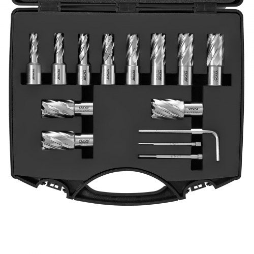 Annular Cutter Set, 13 pcs Weldon Shank Mag Drill Bits, 1" Cutting Depth, 7/16" to 1-1/16" Cutting Diameter, M2AL HSS, 2 Pilot Pins, Hex Wrench and Portable Case, for Using with Magnetic Drills
