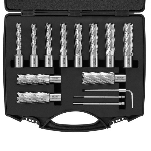 Annular Cutter Set, 13 pcs Weldon Shank Mag Drill Bits, 2" Cutting Depth, 7/16" to 1-1/16" Cutting Diameter, M2AL HSS, with 2 Pilot Pins, Hex Wrench and Portable Case, for Using with Magnetic Dr