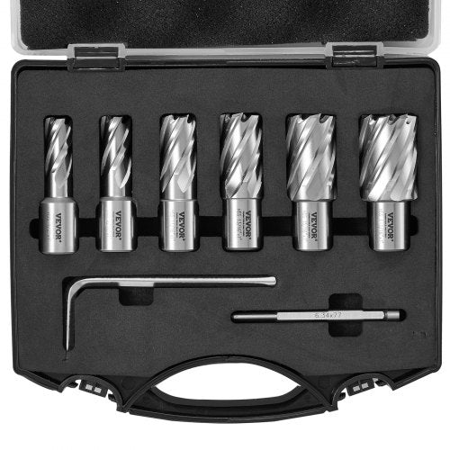 Annular Cutter Set, 6 pcs Weldon Shank Mag Drill Bits, 1" Cutting Depth, 1/2" to 1-1/16" Cutting Diameter, M2AL High-Speed Steel, with Pilot Pin and Portable Case, for Using with Magnetic Drills