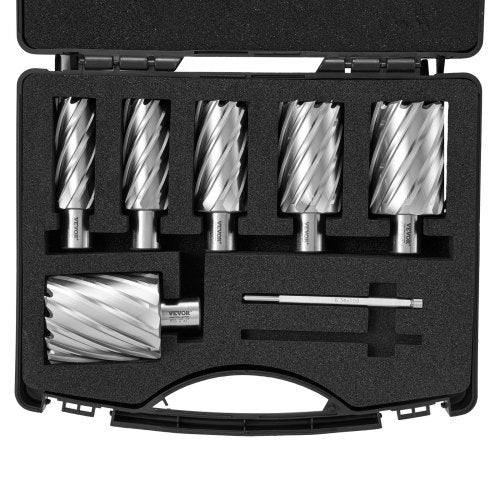 Annular Cutter Set, 6 pcs Weldon Shank Mag Drill Bits, 2" Cutting Depth, 1" to 2" Cutting Diameter, M2AL High-Speed Steel, with 2 Pilot Pins and Portable Case, for Using with Magnetic Drills