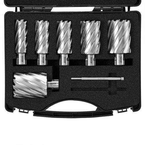 Annular Cutter Set, 6 pcs Universal Shank Mag Drill Bits, 2" Cutting Depth, 1" to 2" Cutting Diameter, M2AL High-Speed Steel, with 2 Pilot Pins and Portable Case, for Using with Magnetic Drills