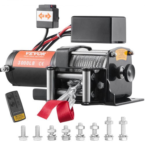 Electric Winch, 12V 3000 lb Load Capacity Steel Rope Winch, IP55 3/16” x 39ft ATV UTV Winch with Wireless Handheld Remote & 4-Way Fairlead for Towing Jeep Off-Road SUV Truck Car Trailer Boat
