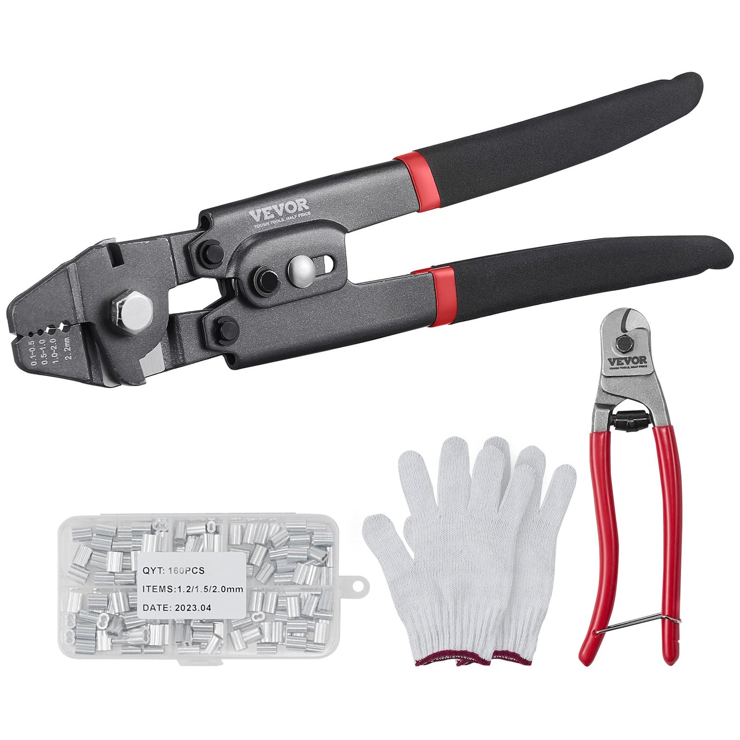 Crimping Tool, Up To 2.2mm Wire Rope Crimping Tool, Crimping Loop Sleeve Kit with a Cable Cutter and 160pcs Aluminum Buckles, Teflon Coating Anti-Rust Fishing Crimping Tool