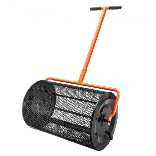 Compost Spreader, 24.4-25.6" Height Adjustable Handle, 24" Wide, Lawn and Garden Peat Moss Roller with Side Latches, Powder Coated Steel Mesh Basket for Spreading Manure, Topsoil, Black