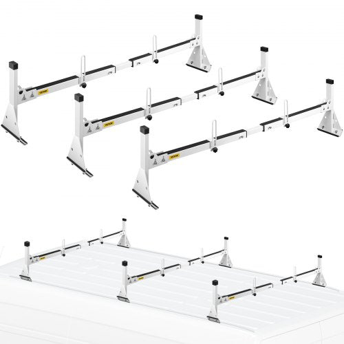 Van Ladder Roof Racks, 3 Bars, 750 LBS Capacity, Adjustable Matte Coating Van Rack with Ladder Stoppers, Compatible with Chevy Express Fullsize Van 1996-Up, White