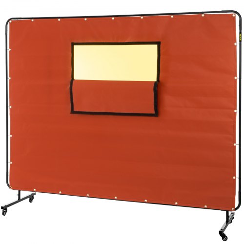 Welding Curtain, 6' x 8', Welding Screen with Metal Frame & 4 Wheels, Fireproof Fiberglass w/ Transparent Window, for Workshop, Industrial Site, Red