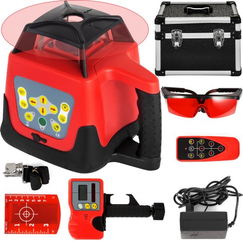 Red Laser Level Rotary Self Leveling Measuring Automatic Rotating Red Beam with Receiver Remote Control Carrying Case