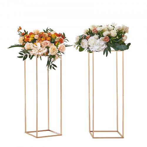 2PCS 31.5inch/80cm High Wedding Flower Stand, Metal Vase Column Geometric Centerpiece Stands, Gold Rectangular Floral Display Rack for T-Stage Events Reception, Party Decoration Home
