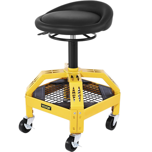 Rolling Garage Stool, 135 KG Capacity, Adjustable Height from 61 cm to 73 cm, Mechanic Seat with 360-degree Swivel Wheels and Tool Tray, for Workshop, Auto Repair Shop, Yellow