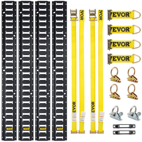 E Track Tie-Down Rail Kit, 18PCS 5FT E-Tracks Set Includes 4 Steel Rails & 2 Single Slot & 6 O Rings & 4 Tie-Offs w/ D-Ring & 2 Ratchet Straps, Securing Accessories for Cargo Motorcycles Bikes