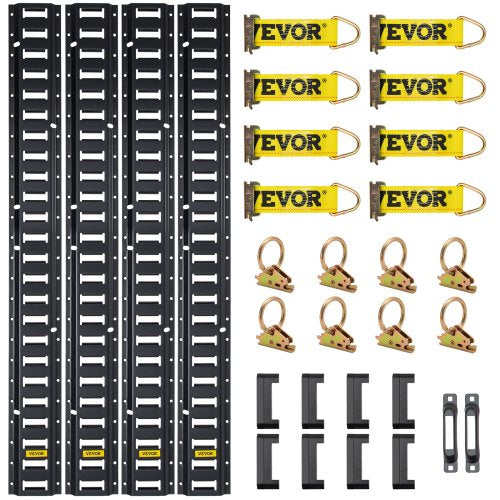 E Track Tie-Down Rail Kit, 30PCS 5FT E-Tracks Set Includes 4 Steel Rails & 2 Single Slot & 8 O Rings & 8 Tie-Offs w/ D-Ring & 8 End Caps, Securing Accessories for Cargo, Motorcycles, and Bikes