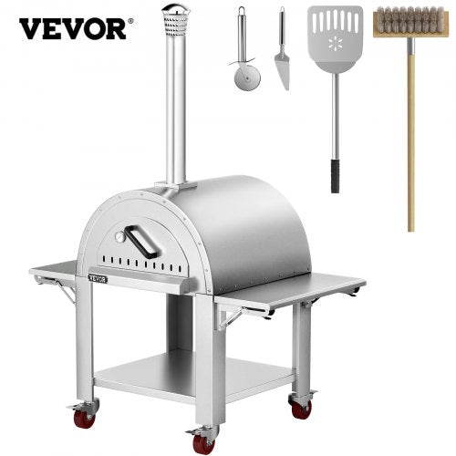 Wood Fired Outdoor Pizza Oven, 32" Size, 3-Layer Stainless Steel Pizza Maker with Wheels for Outside Kitchen, Includes Pizza Stone, Pizza Peel, and Brush, Professional Series