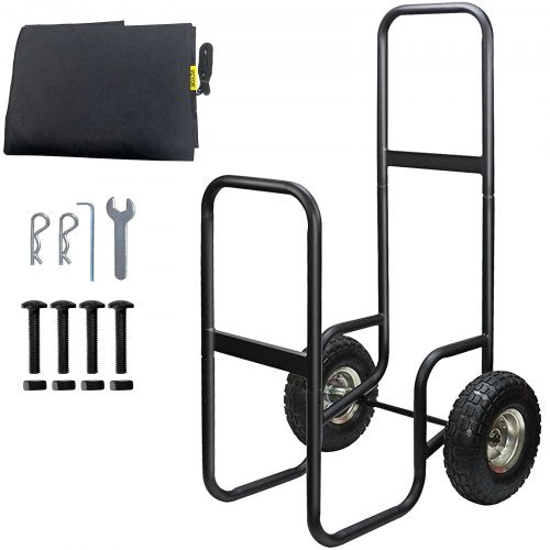 Firewood Cart, 220 lbs Weight Capacity, Wood Carrier with Wheels, Binding Rope and Water-proof Tarp, Utility Log Rack for Storage or Move, Dolly Hauler for Indoor and Outdoor Fireplace, Black