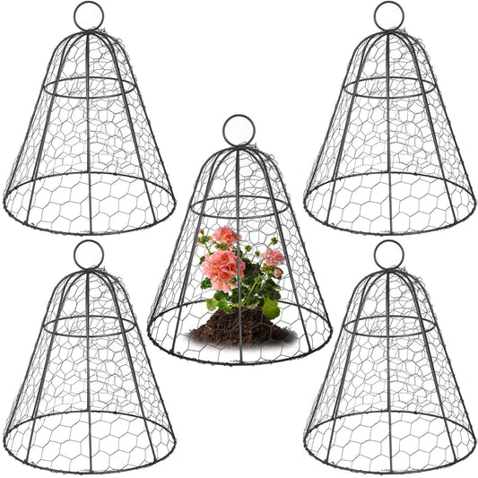 Chicken Wire Cloche, 5 Packs 13" Diameter x 15.7" Height, Plant Protector and Cover with Zip Ties & Staples, Sturdy Metal Cage Garden Protection from Animals, No Assembly Required, Black