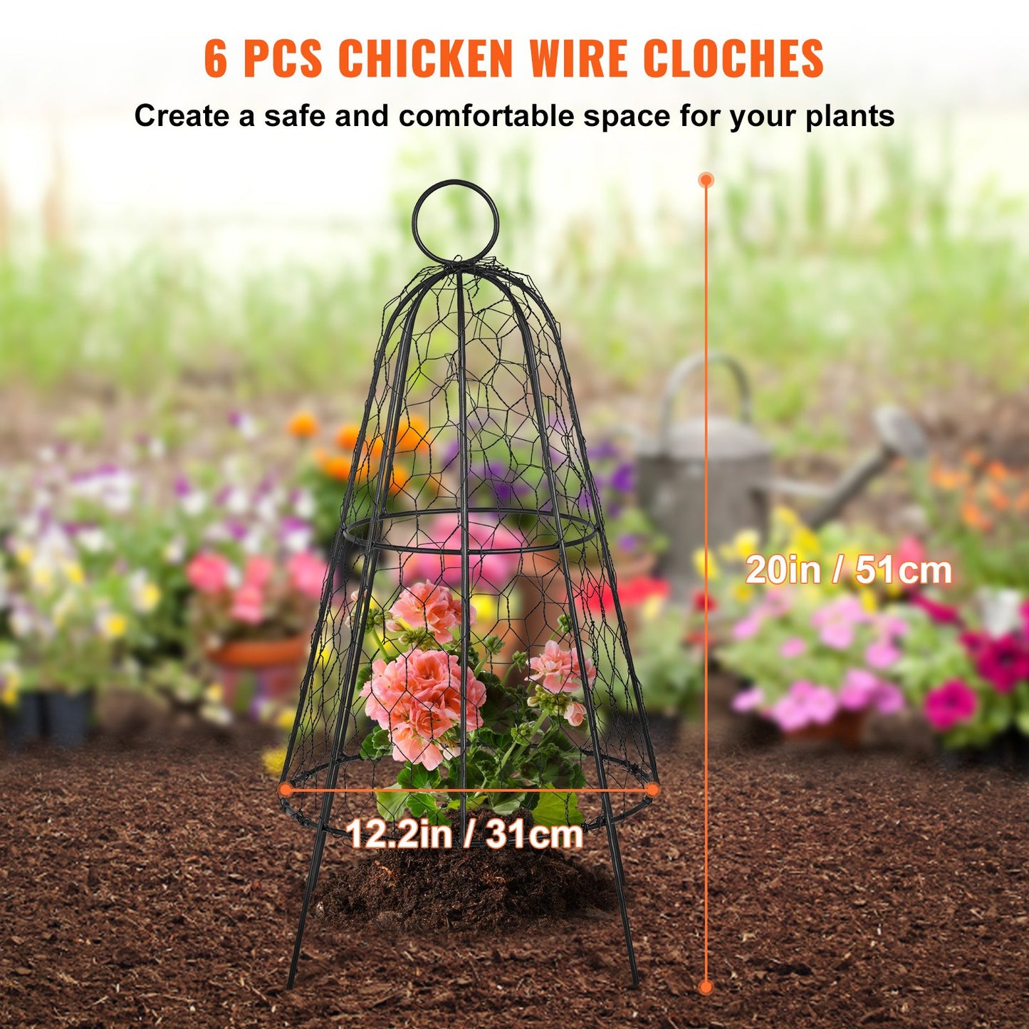 Chicken Wire Cloche, 6 Packs 12.2" Diameter x 20" Height, Plant Protector and Cover with Zip Ties & Staples, Sturdy Metal Cage Garden Protection from Animals, No Assembly Required, Black