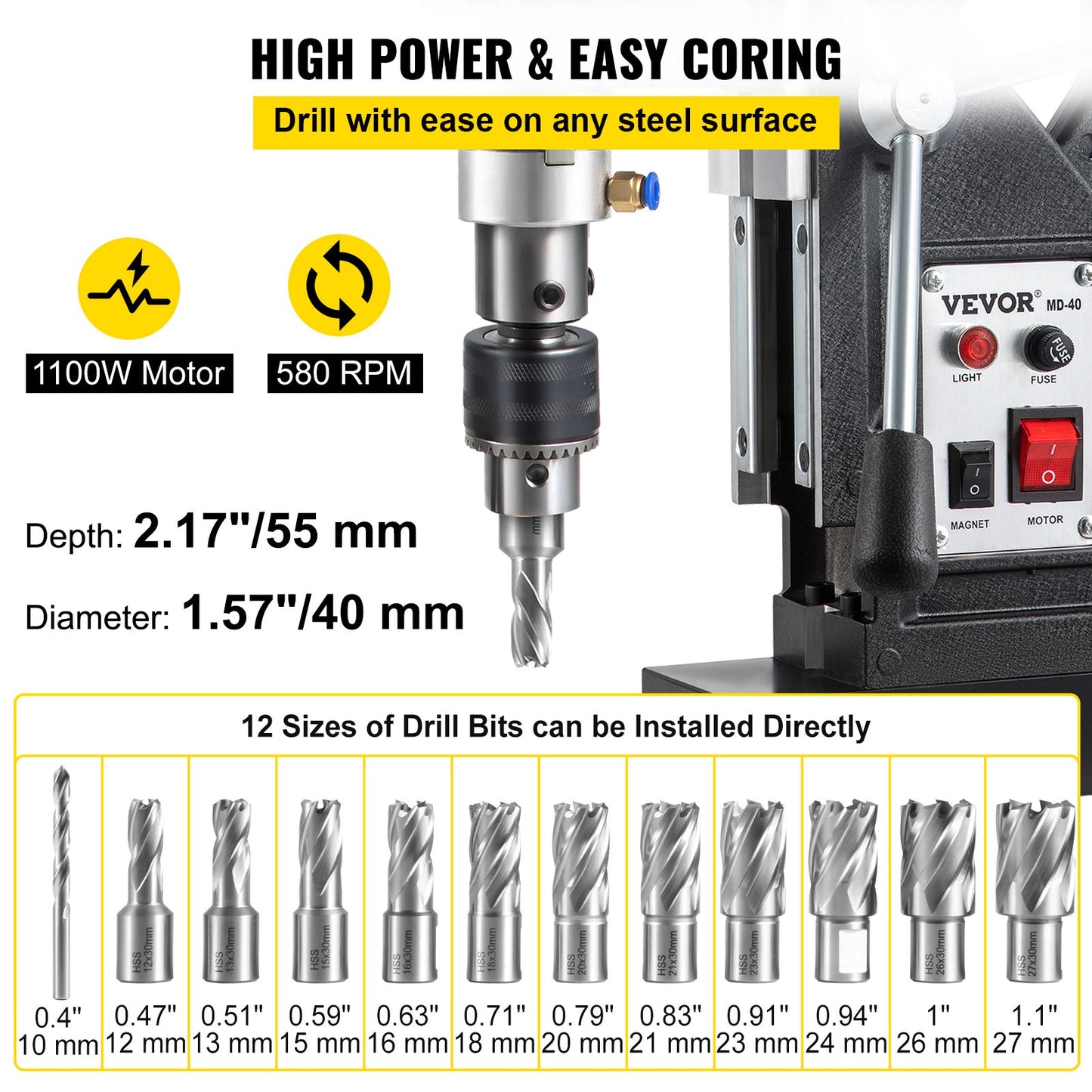 Magnetic Drill, 1100W 1.57" Boring Diameter, 2697lbf/12000N Portable Electric Mag Drill Press with 12 Bits, 580 RPM Max Speed Drilling Machine for any Surface and Home Improvement