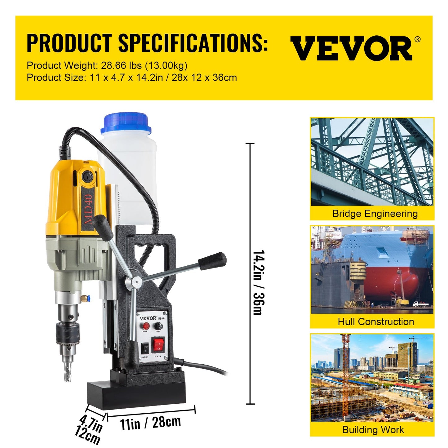 Magnetic Drill, 1100W 1.57" Boring Diameter, 2697lbf/12000N Portable Electric Mag Drill Press with 12 Bits, 580 RPM Max Speed Drilling Machine for any Surface and Home Improvement