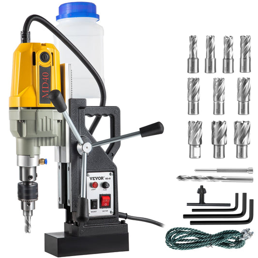 Magnetic Drill, 1100W 1.57" Boring Diameter, 2697lbf/12000N Portable Electric Mag Drill Press with 12 Bits, 580 RPM Max Speed Drilling Machine for any Surface and Home Improvement