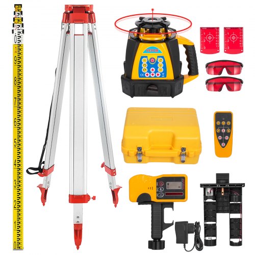 360° Self-Leveling Rotary Laser Level Kit Red Beams+ 1.65M Aluminum Tripod + 5M 5-Section Staff