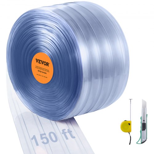 Strip Curtain, 150' Length x 8" Width x 0.08" Thickness, Clear Ribbed PVC Curtain Strip Door Bulk Roll, Plastic Door Strips for Doorways of Supermarket, Garage, Warehouse, Barn, Pet Animal House