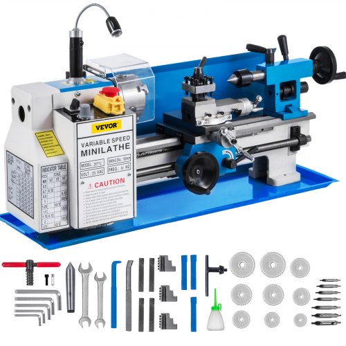 550W Mini Metal Lathe 7x12 Inch Metal Lathe, 50-2500PRM Infinitely Variable Speeds MT3 Spindle Taper, with A Movable Lamp 9 Cutters for Various Types of Metal Wood Turning