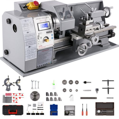 Updated 750W Mini Metal Lathe 8x16 Inch Metal Lathe with Luxury Accessory Box, 50-2500PRM Infinitely Variable Speeds MT3 Spindle Taper Metal Lathe Machine with Movable Lamp 4-jaw Chuck 9 Cutters