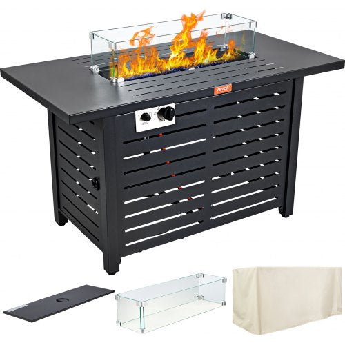 Gas Fire Pit Table, 43 In 50000 BTU, Propane Outdoor Wicker Patio fire Pits with Carbon Steel Tabletop, Lava Rock, Glass Wind Guard, Cover, Add Warmth to Gathering on Garden Backyard, CSA Listed