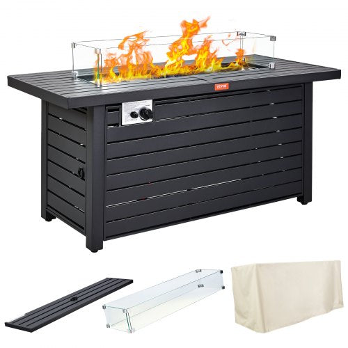 Gas Fire Pit Table, 54 In 50000 BTU, Propane Outdoor Wicker Patio fire Pits with Carbon Steel Tabletop, Lava Rock, Glass Wind Guard, Cover, Add Warmth to Gathering on Garden Backyard, CSA Listed