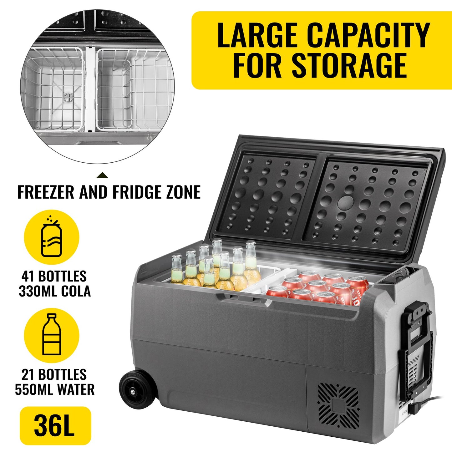 Portable Car Freezer, 36L Portable Refrigerator Freezer, Dual Storage Zone Camping Freezer, -4℉~50℉ 12 Volt Fridge Freezer, Car Freezer for Car and Home Use, DC 12/24V, AC 100-240V, USB Port